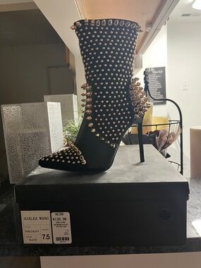 Azalea Wang Black Studded Pointed-Toe Stiletto Boot